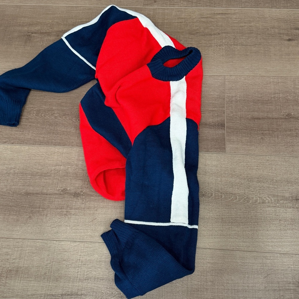 Vintage Mergers Sweater Men M Red Blue Acrylic Pullover Tight Knit 90s Crew Neck - Picture 4 of 7